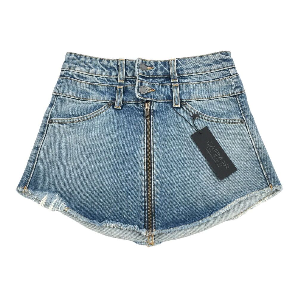 New Carmar Denim Beasley Zip Front Skirt 25 Blue Distressed Micro Mini S